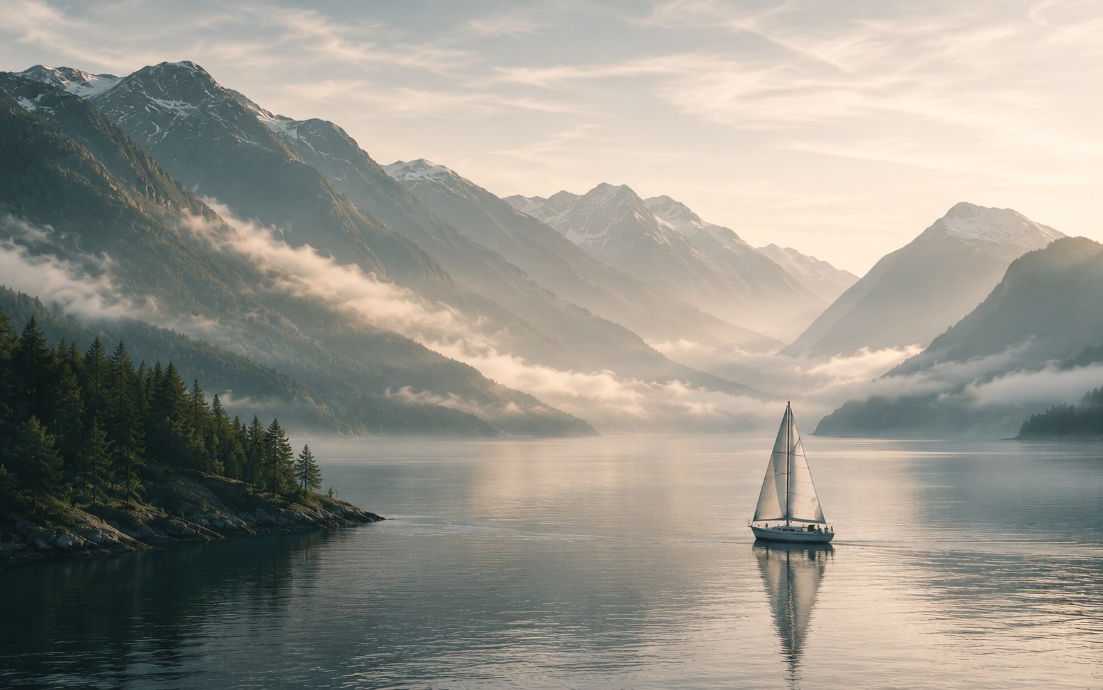 A sailing yacht on calm mountain waters